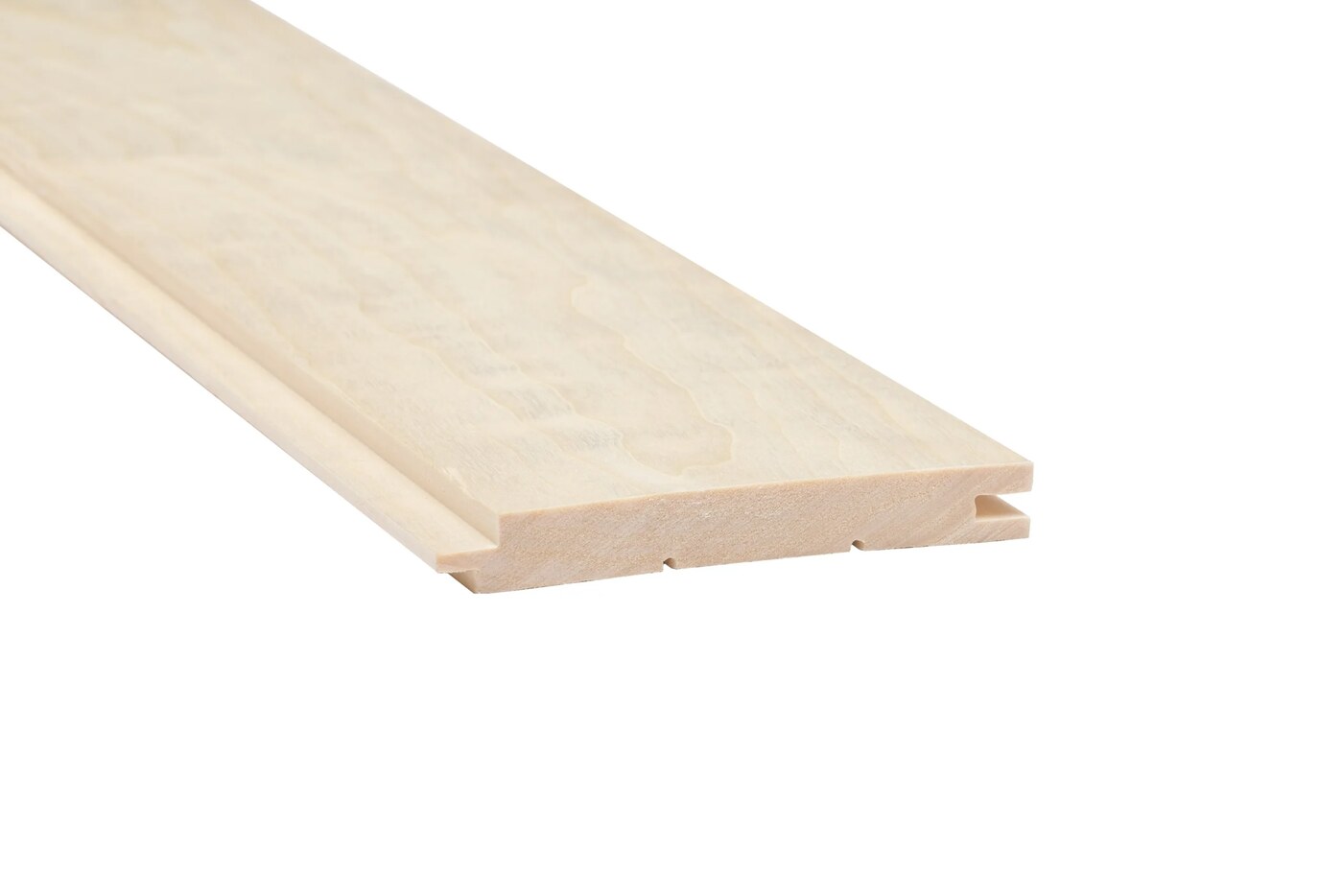 Close-up of pale Aspen wood grain with a tongue-and-groove profile